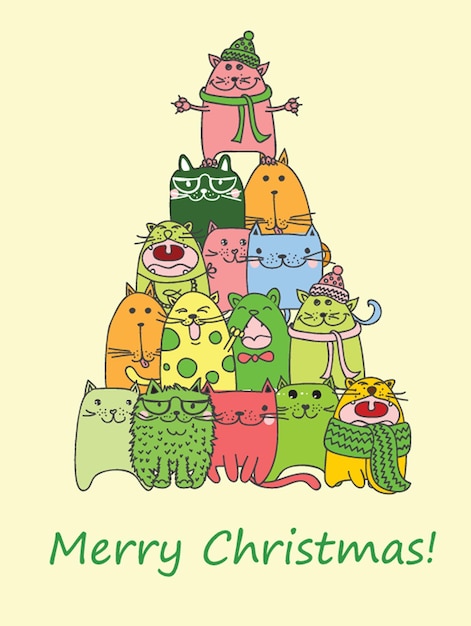 Le deseamos una feliz navidad y un feliz año nuevo tarjeta de vacaciones con estilo con gatos lindos en vector fondo de dibujos animados brillante con árbol de navidad con gatos