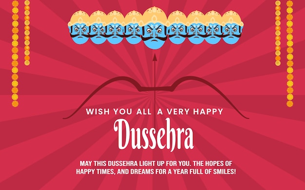 Les deseo a todos una muy feliz Dussehra. Tarjeta del festival Dussehra con Ravan y flecha de arco.