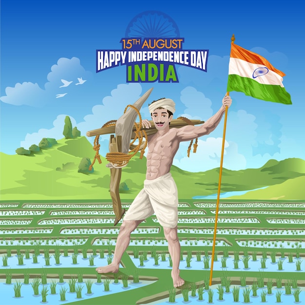 Vector deseos del día de la independencia de la india con el granjero en el campo de arroz con la bandera india