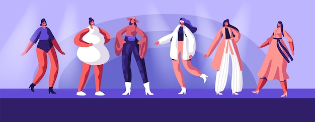 Desfile de modas con las mejores modelos vistiendo ropa de alta costura de moda y demostrándola en la pasarela. ilustración plana de dibujos animados