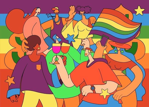 Desfile del orgullo, una multitud marchando en un desfile del orgullo. Miembros de la comunidad de lesbianas, gays, bisexuales y transexuales. una tendencia que involucra a un conjunto diverso de personas, una ilustración vectorial de un garabato