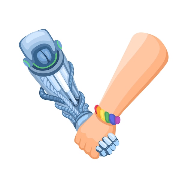 Vector desgaste de la mano, brazalete lgbt, asimientos y apretón de manos con robot de mano cyborg y cartoo de símbolo pacífico humano