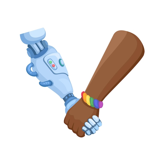 Desgaste de la mano, brazalete lgbt, asimientos y apretón de manos con robot de mano cyborg y cartoo de símbolo pacífico humano