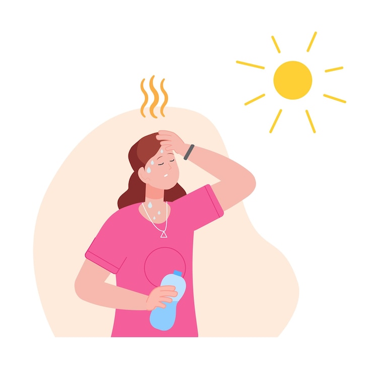 Vector deshidratación por calor mujer deshidratada a la luz del sol de verano con dibujos animados de insolación persona sudorosa temperatura caliente al aire libre síntomas del clima del sol ilustración de vector de agotamiento de agua