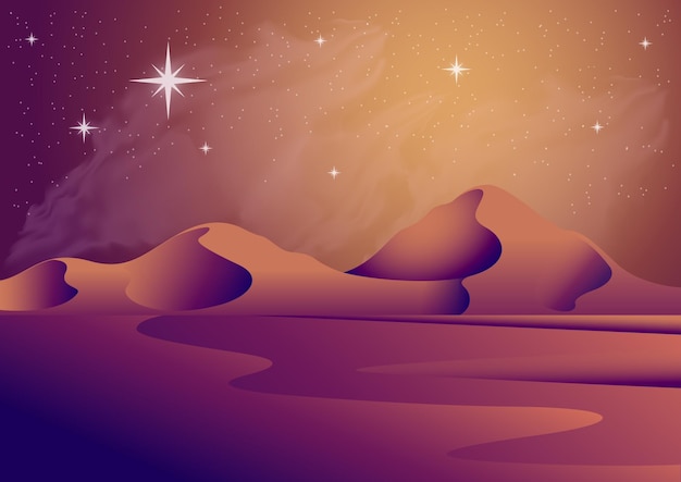 Vector desierto árabe nocturno con cielo estrellado ilustración gráfica