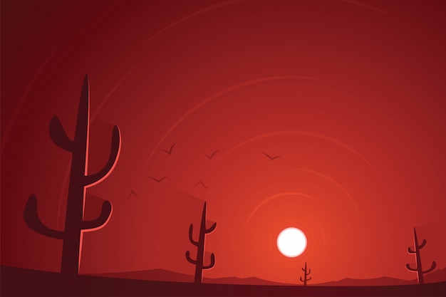 Vector desierto y cactus escena del atardecer