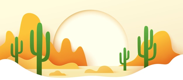 Vector desierto mexicano corte de papel paisaje con montañas arena y cactus vector vibrante arte de corte de papel 3d con rocas dunas de arena y caktus icónicos capturando la belleza de la naturaleza del entorno árido occidental