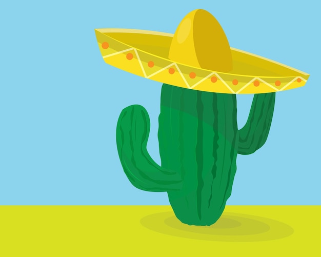 Vector desierto mexicano con plantas de cactus y un sombrero