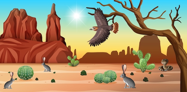 Desierto con montañas rocosas y paisaje de animales del desierto en la escena diurna