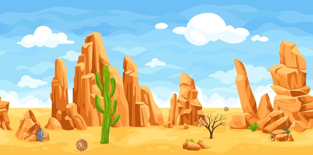 Desierto paisaje sin costuras dibujos animados occidental 2d nivel de juego paralaje fondo lejano arena suelo naranja seco y cielo cómic oeste salvaje de México paisaje árido ilustración ingeniosa