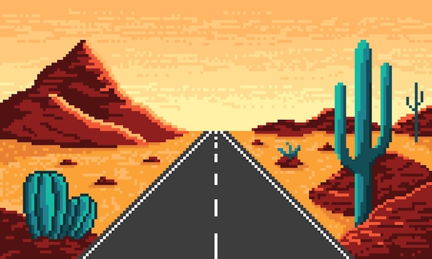 Vector desierto de píxeles con fondo de carretera recta