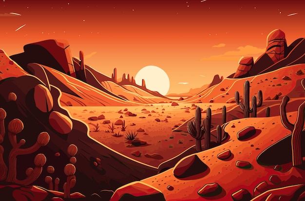 Desierto Rojo Esquema de color calor tierra devastada Generativo AI cañón puesta de sol sol rocas páramo horizonte croasivo viaje sed verano temperatura Concepto de arte Ilustración vectorial