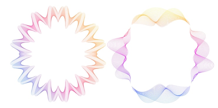 Vector design element wave lines guilloche curve line background circle for pattern branding frame border fluid gradient protective document layers simbol object colorful 3d layered modern tech