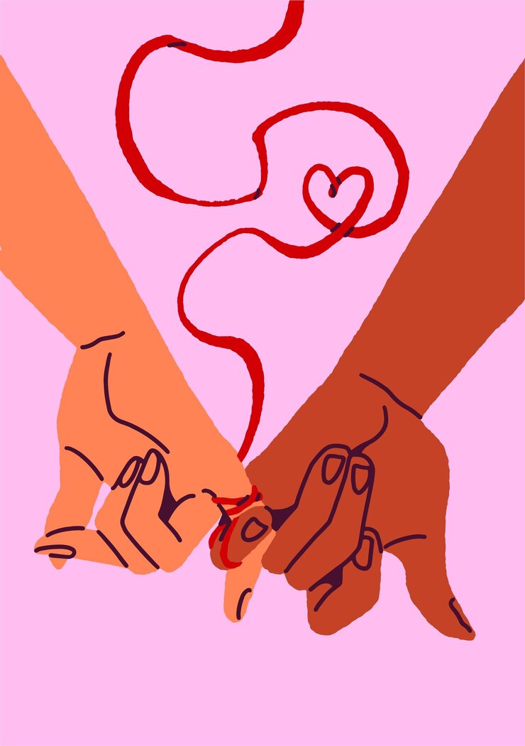 Vector design of valentine day postcard with hands holding love each other template of 14 february greeting card with couple is closely related tied fingers with ribbon together flat vector illustration