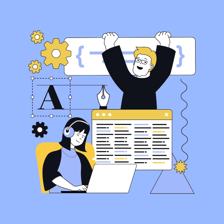 Vector design software development concept for modern web design people creating program code engineering and computing projects programming and processing doing webpage fixing vector illustration