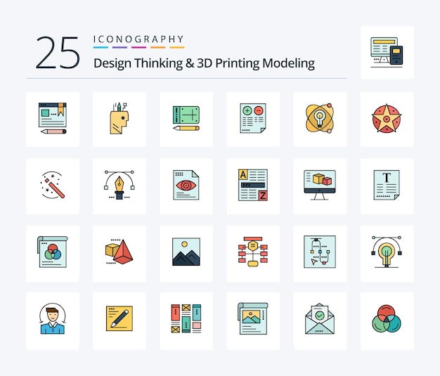 Design Thinking y D Printing Modeling Paquete de íconos rellenos de 25 líneas que incluye atom plus mobile document pros
