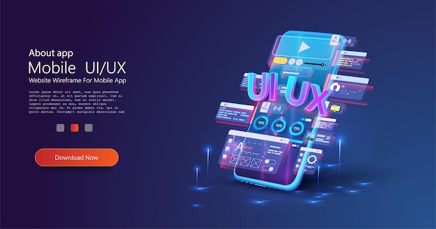 Designer creator of an individual design of user interface scenes for a mobile UIUX application Blue neon design of mobile applications Smartphone layout with active blocks and connections Vector