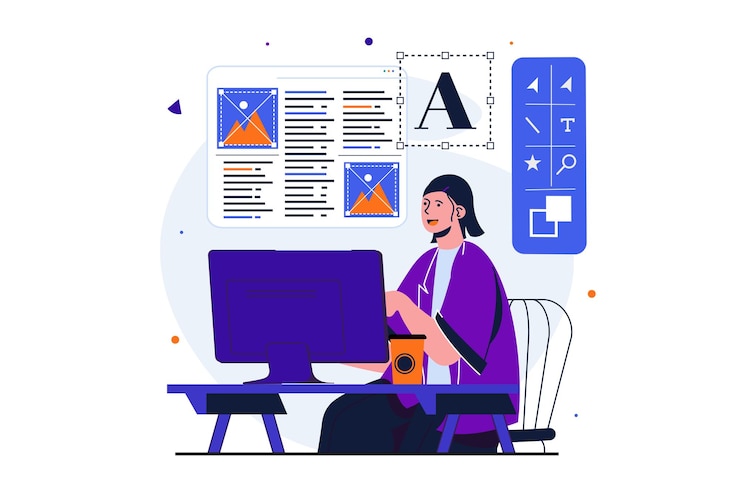 Vector designer studio concepto plano moderno para diseño de banner web mujer trabaja en computadora desarrolla diseño