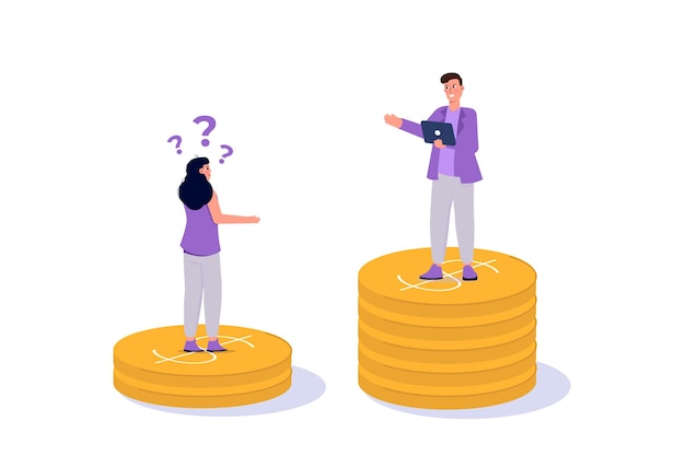 Desigualdad social Concepto de brecha salarial De pie en pilas de monedas Ilustración de vector plano de dibujos animados para el volante de la página de aterrizaje del sitio web