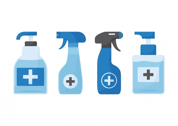 Desinfección. Conjunto de botellas desinfectantes para manos. ilustración