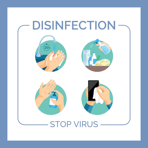 Desinfección y detener plantilla de tarjeta de virus. Consejos de protección contra el brote de Coronavirus Covid-19.