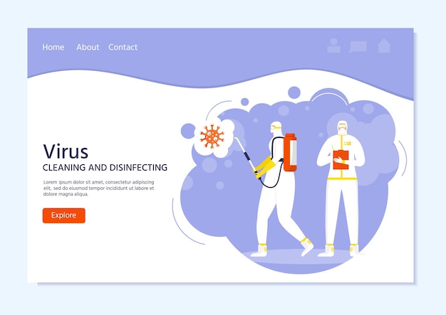 Desinfección de virus, concepto de prevención, personas con traje de protección y aerosoles de máscara y desinfecta. Epidemia o pandemia global. Covid-19, página de inicio. Vector