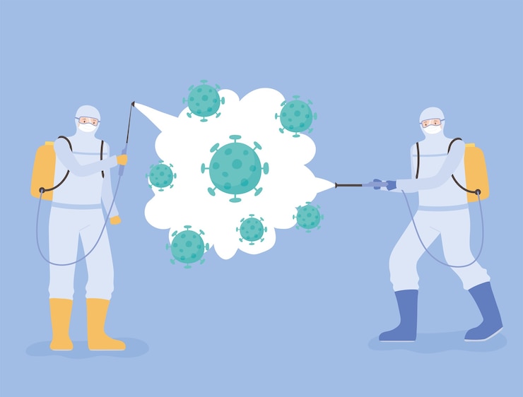 Vector desinfección de virus, coronavirus covid 19, científicos médicos con trajes de materiales peligrosos que limpian y desinfectan las células del coronavirus
