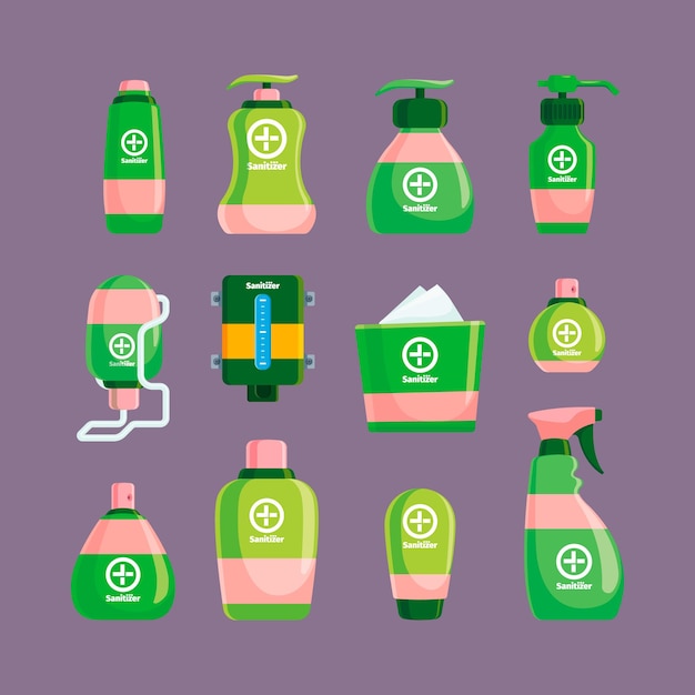 Desinfectante botellas de spray higiénicas que limpian productos claros imágenes planas vectoriales chillonas de paquetes con desinfectantes líquidos