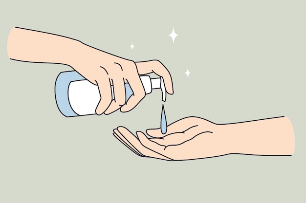 Desinfectante de manos y concepto de limpieza. Manos humanas tirando jabón o desinfectante para higiene uno a otro ilustración vectorial