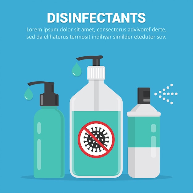 Desinfectantes gel desinfectante, jabón líquido y spray en un diseño plano.