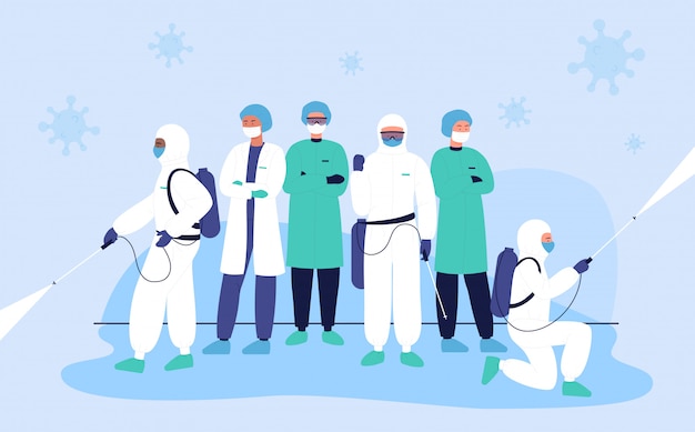 Los desinfectantes protegen a los médicos del coronavirus, ilustración de concepto plano de personaje covid.