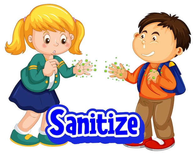 Desinfecte la fuente en estilo de dibujos animados con dos niños, no mantenga la distancia social aislada sobre fondo blanco.