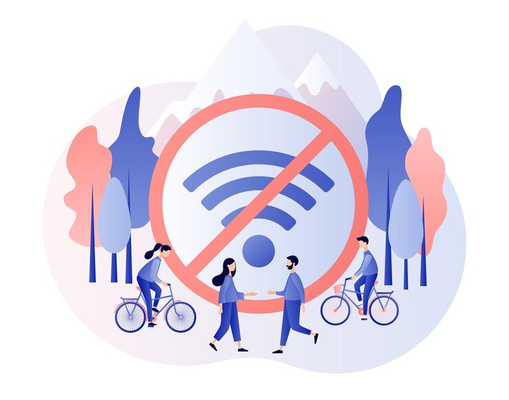 Vector desintoxicación digital gran señal de que no hay wifi libertad de internet, teléfonos inteligentes y redes sociales gente pequeña