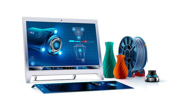 Vector desktop computer monitor with keyboard and 3d navigator 3d cad software on screen monoblock 3d modeling for print on 3d printing technical drawing of prototype in viewport on display