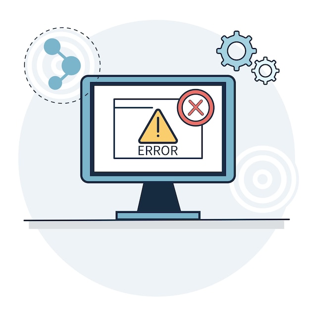 Desktop computer screen displays error message with warning symbol and red cross System outage data loss connection problem graphic