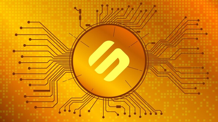 Vector deslice el símbolo del token de criptomoneda sxp del proyecto defi en círculo con pistas de pcb sobre fondo dorado. icono de billetera de moneda. programas financieros descentralizados. eps10 vectorial.