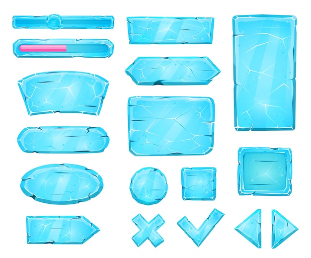 Deslizadores de botones de hielo azul y teclas de flecha activo del juego Interfaz de panel de usuario de cristal vectorial Hielo azul del activo del juego para teclas de botones UI y GUI y menú de dibujos animados deslizantes con niveles de potencia y flechas