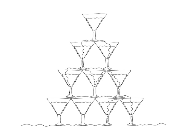 deslizamiento fuente de champán pirámide cascada martini cócteles de alcohol línea continua dibujo a mano logotipo