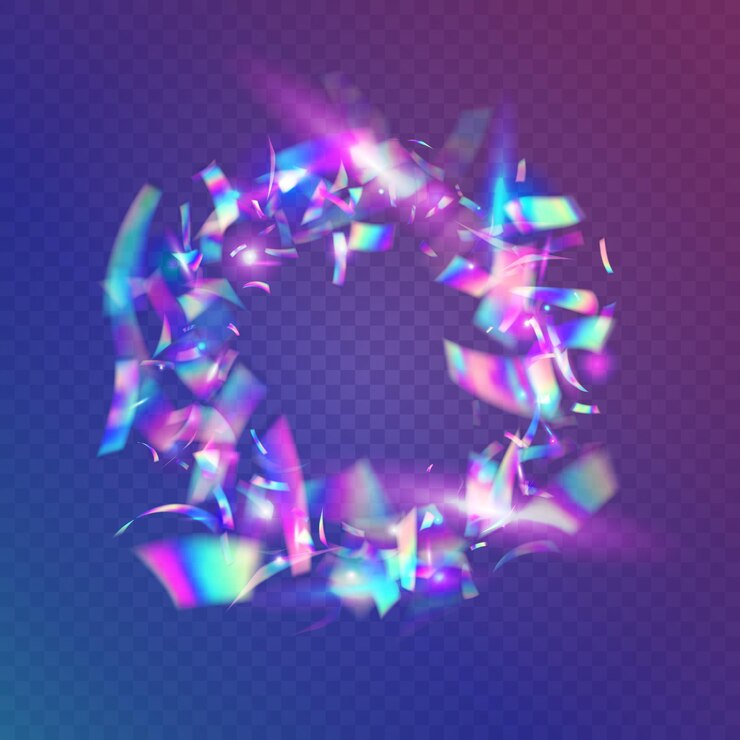 Vector deslumbramiento del caleidoscopio. destellos de luz. papel pintado abstracto brillante. efecto holográfico. arte de lujo. diseño disco. lámina surrealista. confeti de metal azul. deslumbramiento violeta del caleidoscopio