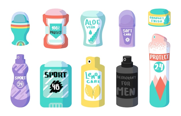 Desodorante de dibujos animados Aerosol cosmético antitranspirante para la protección contra el olor del sudor Rodillo y spray Higiene personal y perfume Botellas cilíndricas aisladas Conjunto de productos para el cuidado de vectores