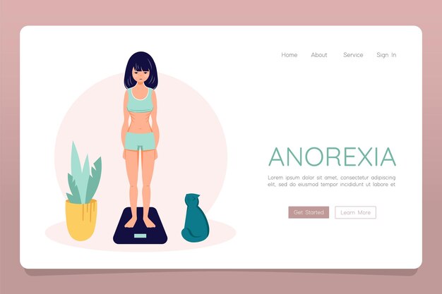 Desorden alimenticio concepto anorexia bulimia problema plantilla de banner de aterrizaje en la web