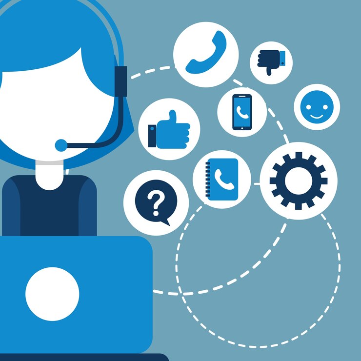 Vector despachador de mujer con servicio al cliente de iconos de computadora portátil