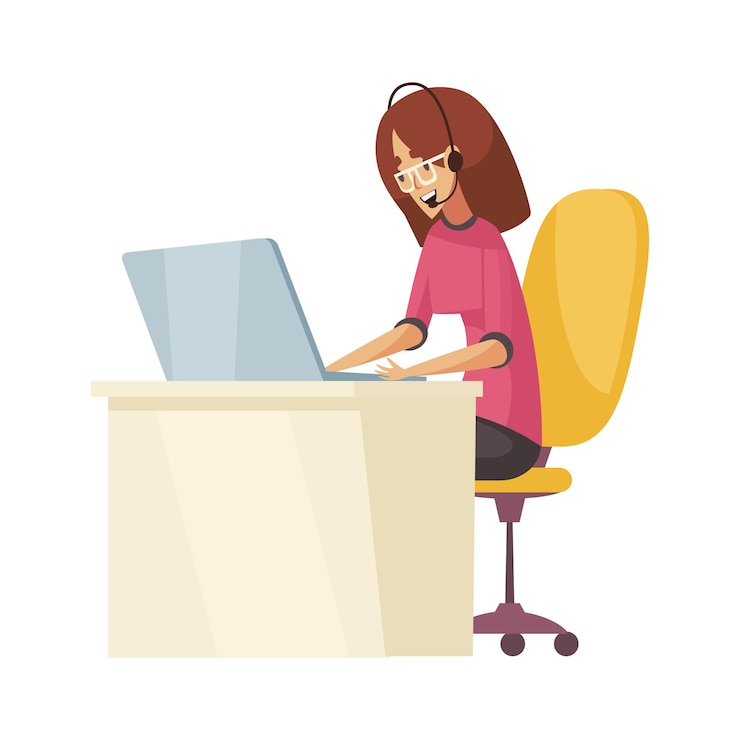 Vector despachadores soporte al cliente composición del centro de llamadas con carácter de niña en la mesa de la computadora portátil con ilustración de vector de auriculares
