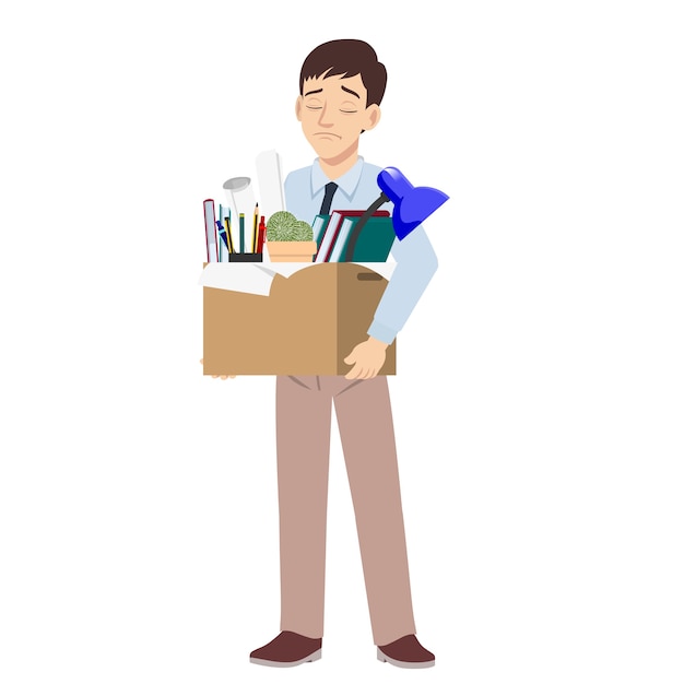Despedir al joven triste que lleva la caja con la pertenencia personal que deja su trabajo.