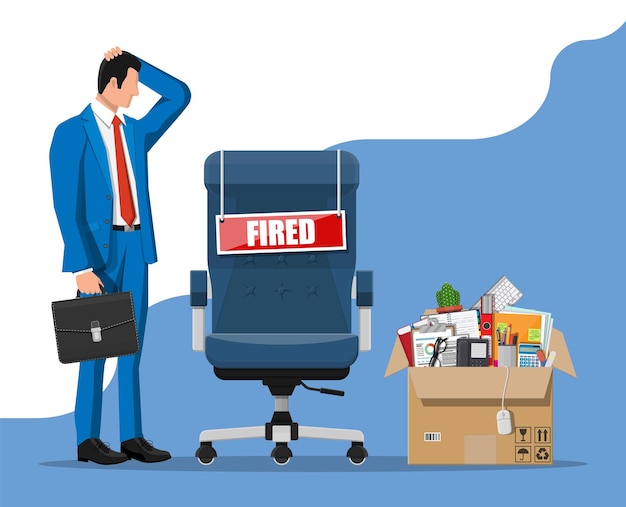 Despedir empleado, silla con placa de palabra despedida y caja de cartón con artículos de oficina. Contratación y reclutamiento. Concepto de gestión de recursos humanos buscando trabajo de personal profesional. Ilustración vectorial plana