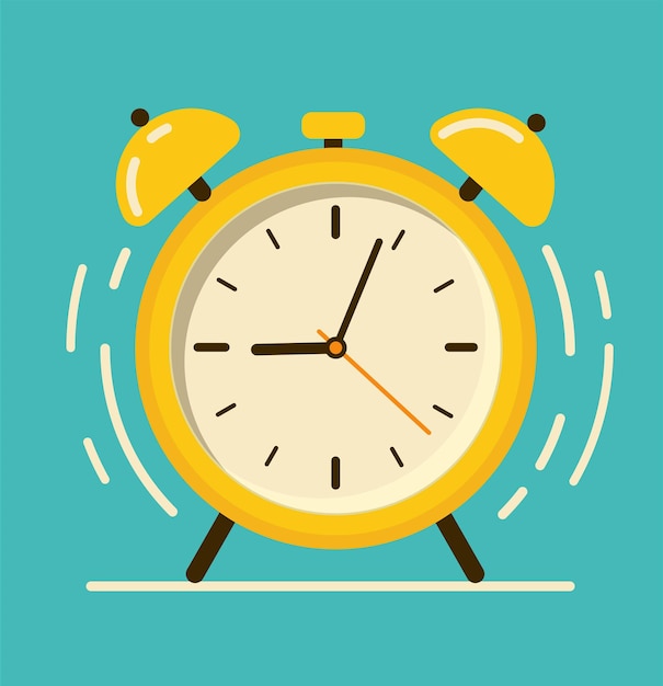 Vector despertador amarillo hora de despertar sobre fondo de menta en ilustración de estilo plano diseño de logotipo de reloj