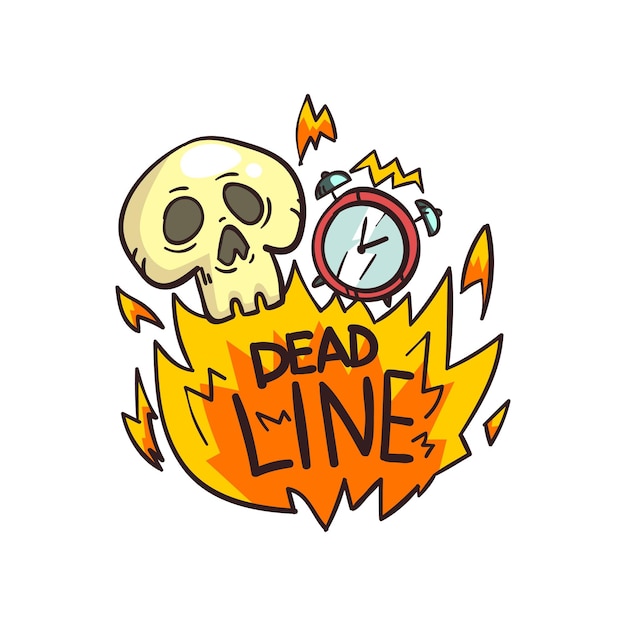 Despertador de calavera y palabra de fecha límite en el vector de límite de tiempo de incendio ilustración sobre un fondo blanco