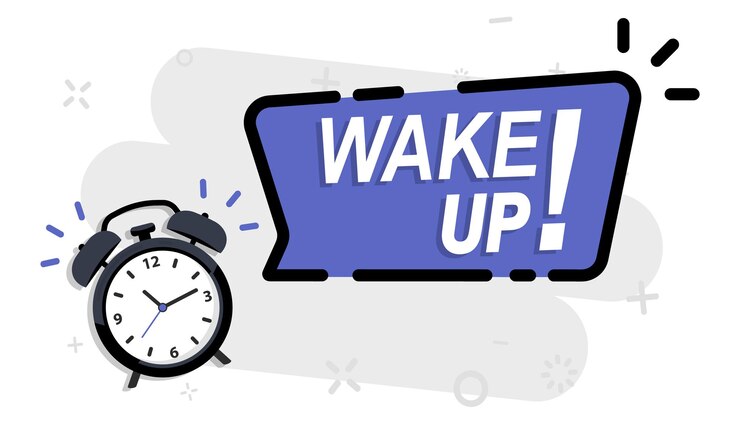 Vector despertador con inscripción de despertador. hora de despertar. despertador, campana. fuerte señal para despertarse por la mañana de la cama. levantarse por la mañana o despertarse. dispositivo de señalización mecánica, reloj, temporizador
