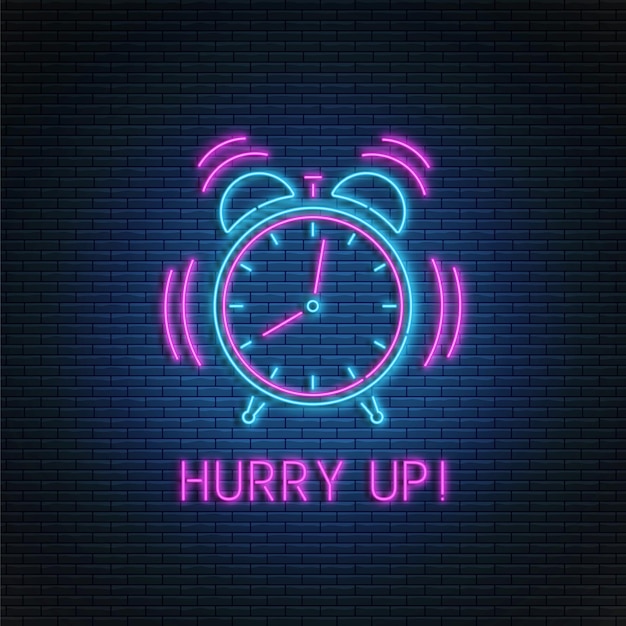 Despertador de neón. Reloj sonando. Apúrate texto