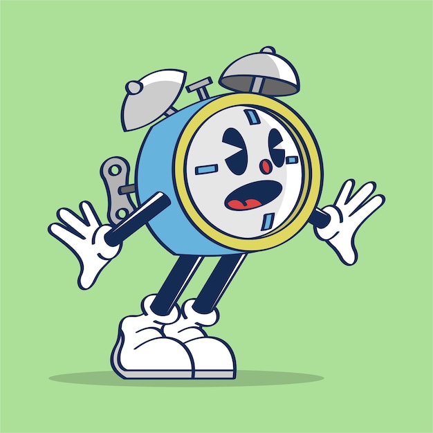 Despertador Personaje de dibujos animados Consigue una ilustración vectorial sorprendida Dibujo a mano Estilo vintage